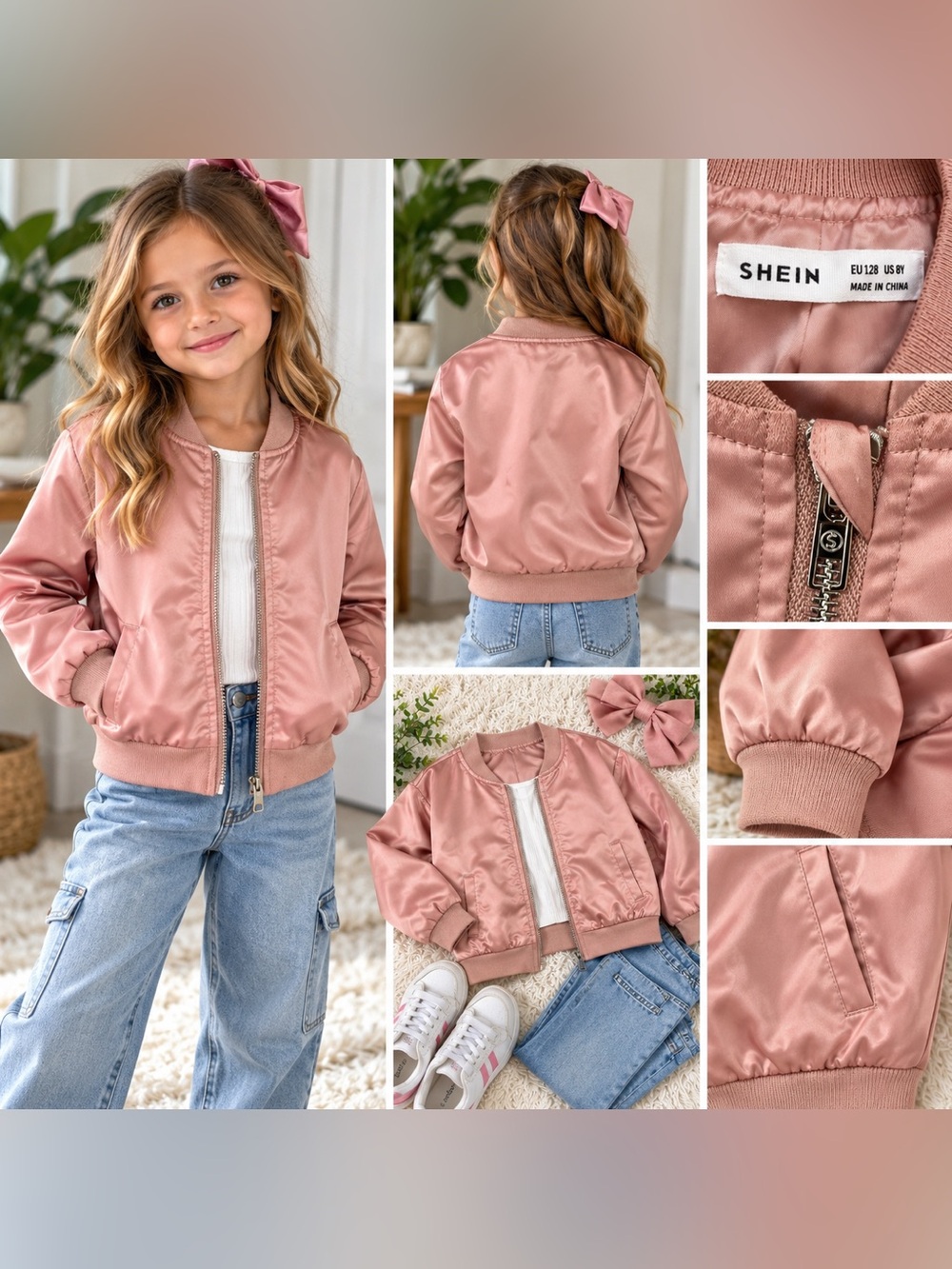 SHEIN Girls Size 8Y Pink Satin Bomber Jacket 🎀 Dusty Rose